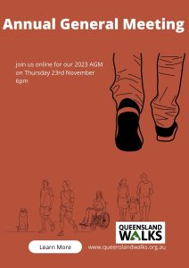 Queensland Walks Annual General Meeting (AGM) flyer. The ochre background has people walking rolling and strolling on the image.