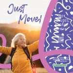 Exercise Right Week challenge flyer. Woman stands with her arms up in the air celebrating walking.