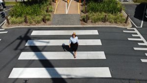 Anna on a raised priority crossing overhead shot