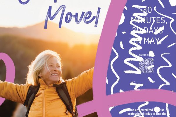 Exercise Right Week challenge flyer. Woman stands with her arms up in the air celebrating walking.